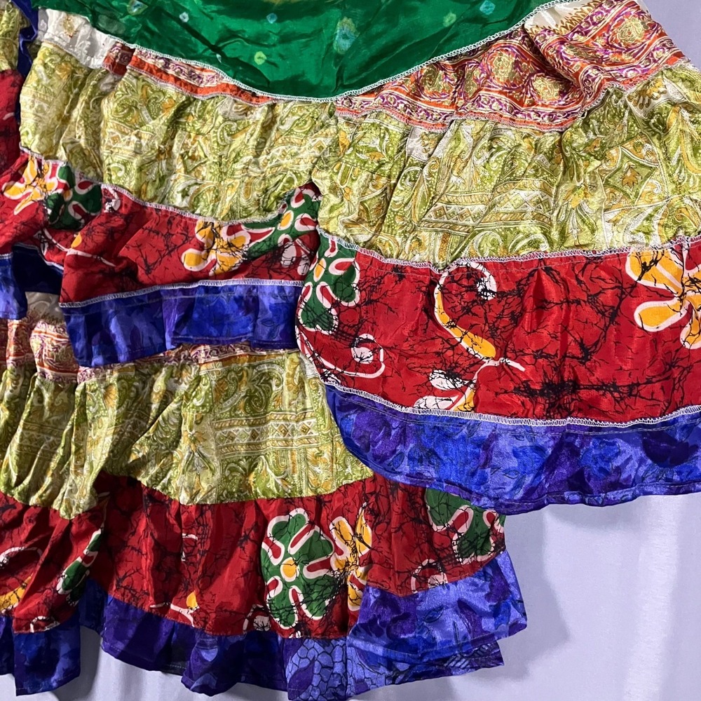 Bohemian Silk Wrap Skirt Rainbow Tie Dye Tiered Ruffled Made in Nepal - Picture 3 of 14